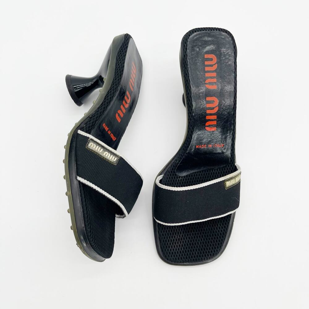 Miu Miu 90s y2k Vintage Black Mesh Logo Bubble Sole Kitten Heel Mules IT 36.5